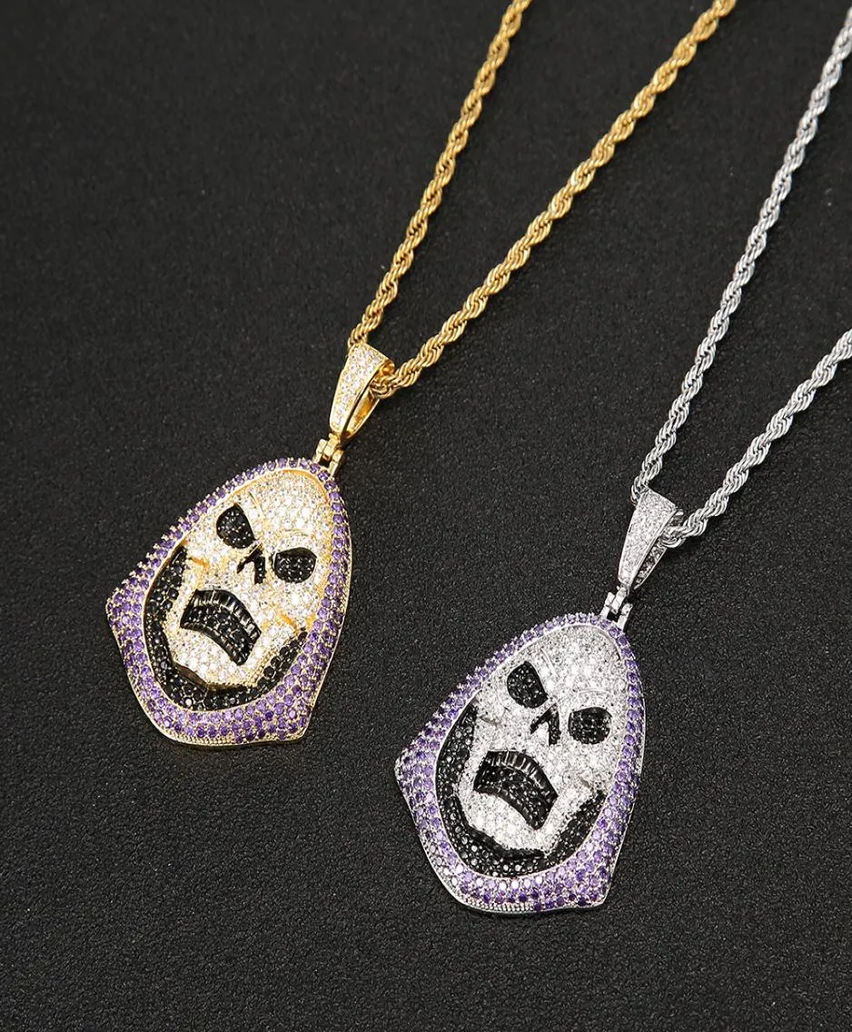 Hip Hop Hoody Skull Purple Stone Pendant Halsband Tenniskedja Guld Silver Silver Cubic Zirconia Rock Jewelry7555304