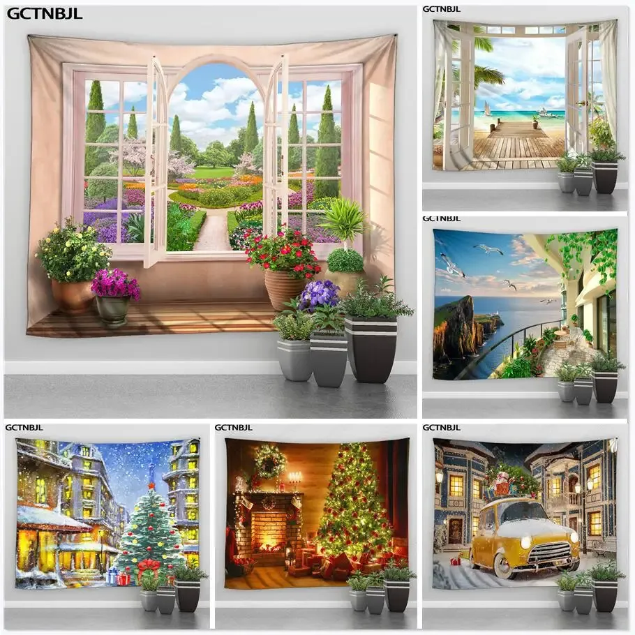 Tapestries Imitation Window Landscape Tapestry Wall Hanging Park Flower Tree Ocean Printing Art Home Decor Christmas Wall Tapestry 231201