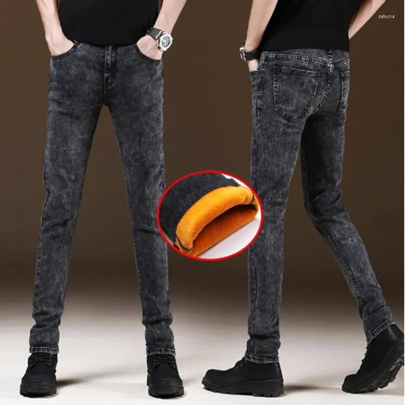 Мужские джинсы 2023, модные мужские зимние флисовые утепленные брюки высокого качества, тонкие теплые уличные брюки в стиле хип-хоп, мужские джинсовые брюки