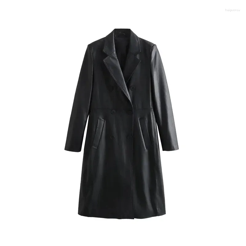 Trenchs de femmes manteaux PU long manteau pour femmes 2023 hiver chic coupe-vent à double boutonnage dames noir vêtements d'extérieur chauds