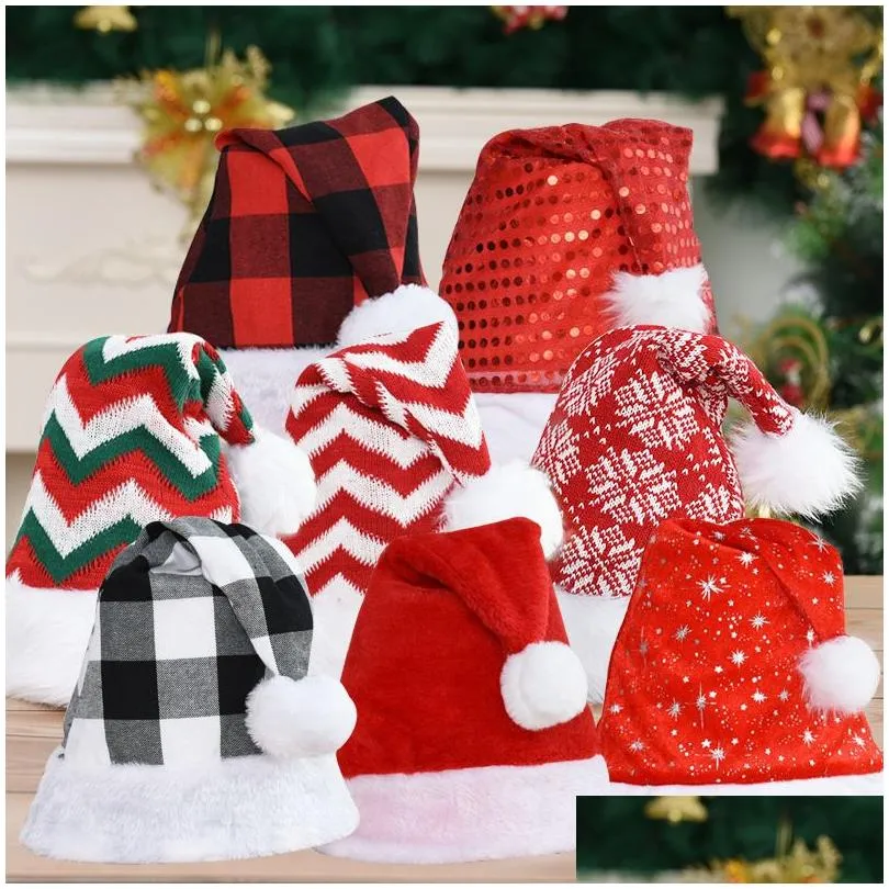 Décorations de Noël Cosplay Caps Noël Père Noël Chapeaux Plaid Rayé Flocon De Neige Paillettes Rouge Blanc Casquette En Peluche Chapeau De Fête Costume Décor Dhujq