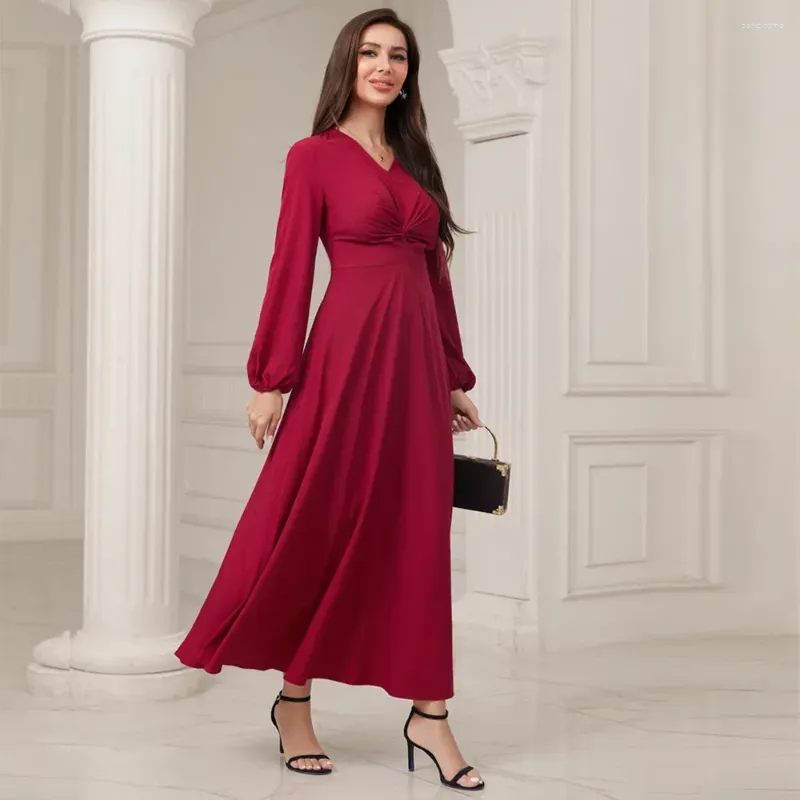 Vêtements ethniques Femmes Eid Robes Musulmanes Abaya Lanterne Manches V Cou Robe De Soirée Shirring Abayas Kaftan Dubaï Robes Solide Lâche Haute