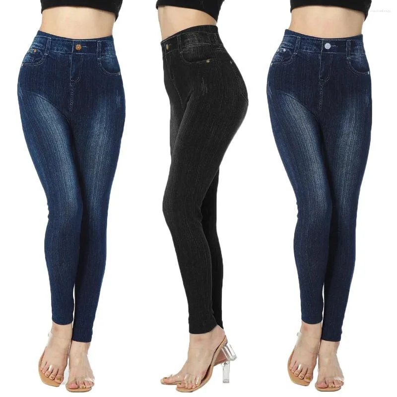 Leggings da donna Ragazza sexy lavorata a maglia Jeans finti a vita alta Denim Fitness Femme Pantalon Jeggings senza cuciture con stampa in cotone