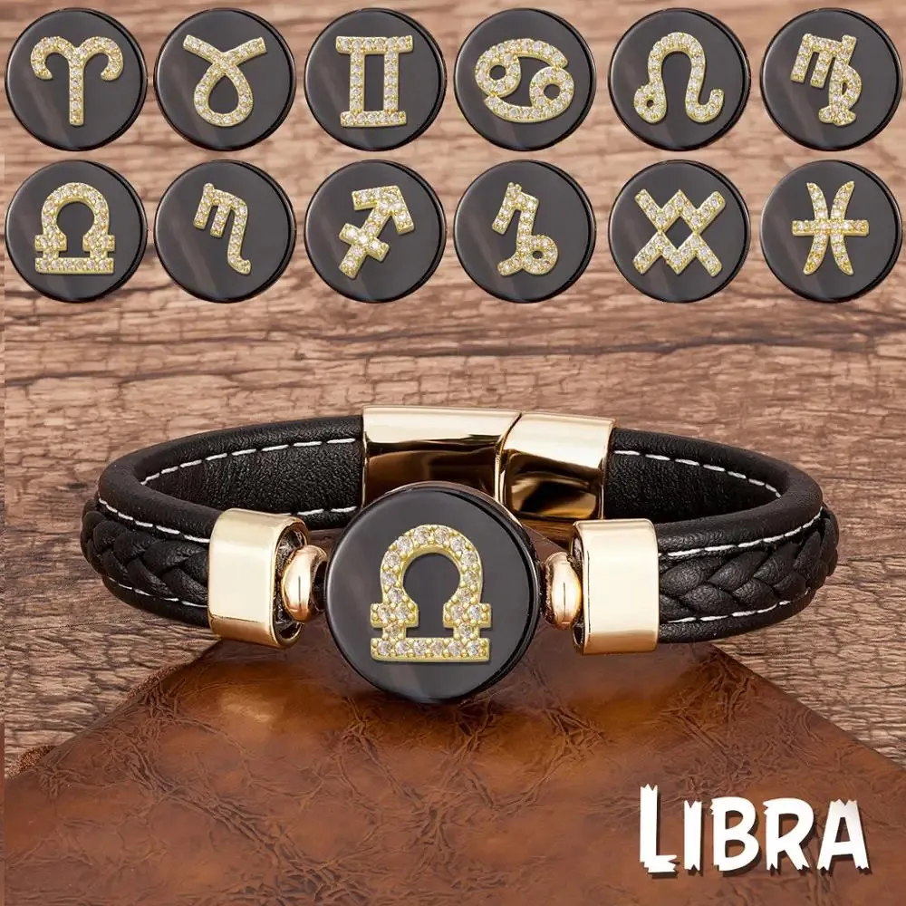 Pulsera De Cuero Trenzado Para Hombre Y Mujer, Horóscopo Con 12 Signos Del Zodiaco, Barata, Venta Al Por Mayor