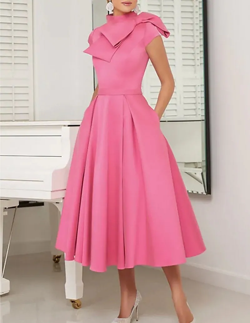 2024 Elegante rosa/blu corto abito da sera formale collo alto con fiocco A-Line lunghezza tè raso abiti da ballo di fine anno Robe de Soiree