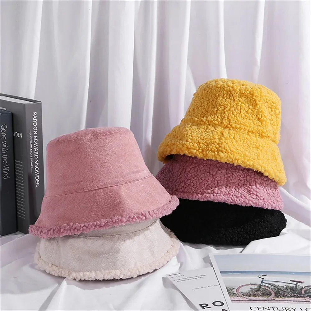 Wide Brim Hats Bucket 1PCs Winter Women Doublesided Wearing Hat Lamb Wool Solid Fleece Warm Fisherman Female Casual Basin Caps 231130