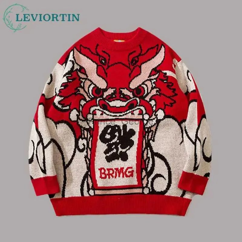 Men's Sweaters Chinese Styles Dragon Print Red Sweater For Men Women Fashion Fall Winter Long Sleeve Couple Knitted Pullover TopsLF231114L2402