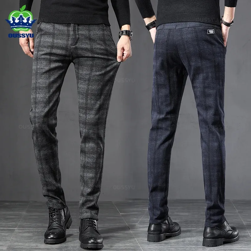 Herrbyxor 2023 Autumn Winter England Plaid arbete Stretch Men Affärsmode Slim Thick Grey Blue Casual Pant Mane Brand Byxor 38 231201