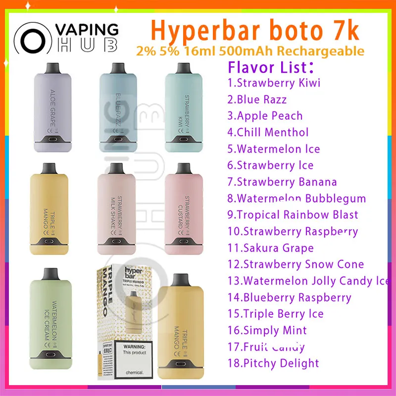 Primary Hyperbar Boto 7000 Puff Disposable Vape Pen Mesh Coil 500mAh Battery Vapers 2% 5% Level 16ml Prefilled Pod 18 Flavors Puff 7k E Cigarette