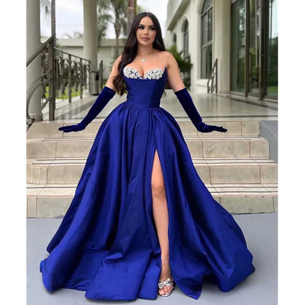 Dark Navy A-Line Bodice Boho Prom Dresses Appliques Beach Strapless Sleeves Evening Gowns Robe De YD 328 328