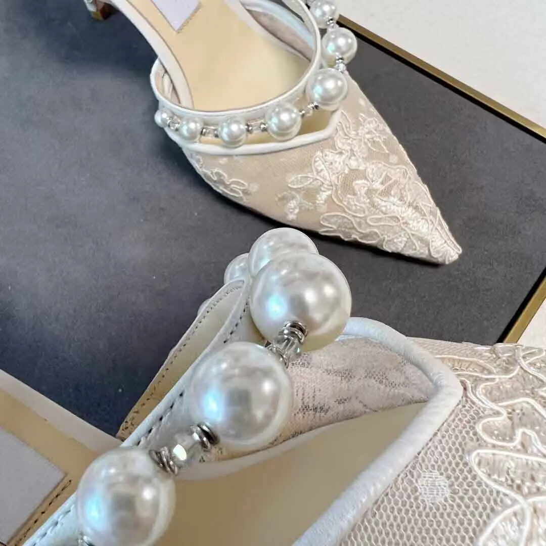 Party Wedding Bridal Aurelie Sandals Shoes Women Pointed-toe Pumps with Pearl Embellishment White Black Lace Party Wedding High Heels EU35-43 With Box