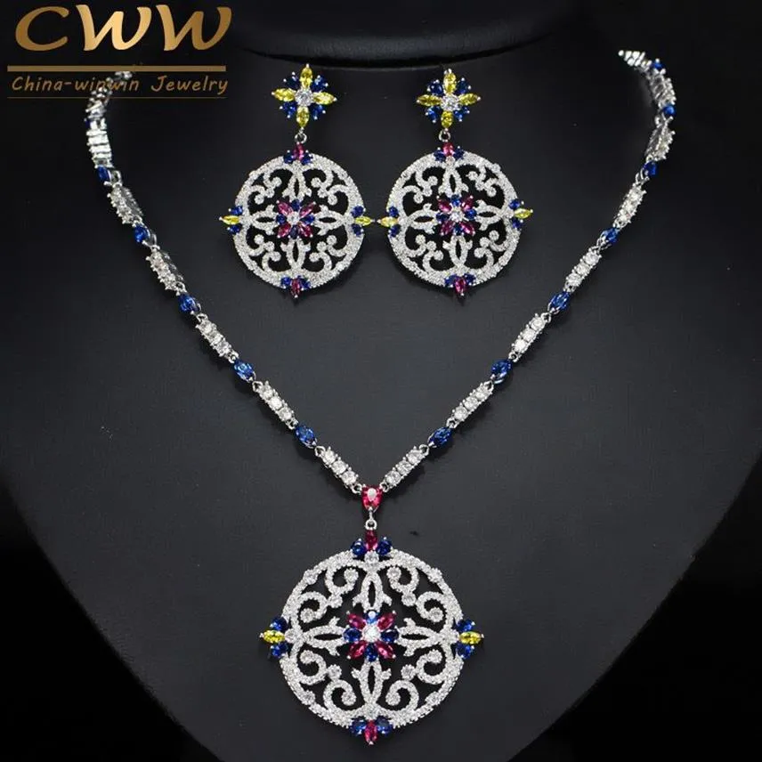 Cwwzircons Vintage African Multi -Color Cubic Zirconia Wedding Big Długi Drop Naszyjnik i kolczyki Zestaw biżuterii ślubnej T105 CX2008256F