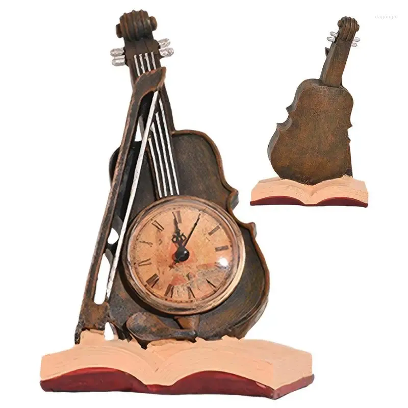 テーブルクロックヴィンテージバイオリン時計飾りミュージカルミニデスクトップアラームホーム装飾デスクギターの飾り