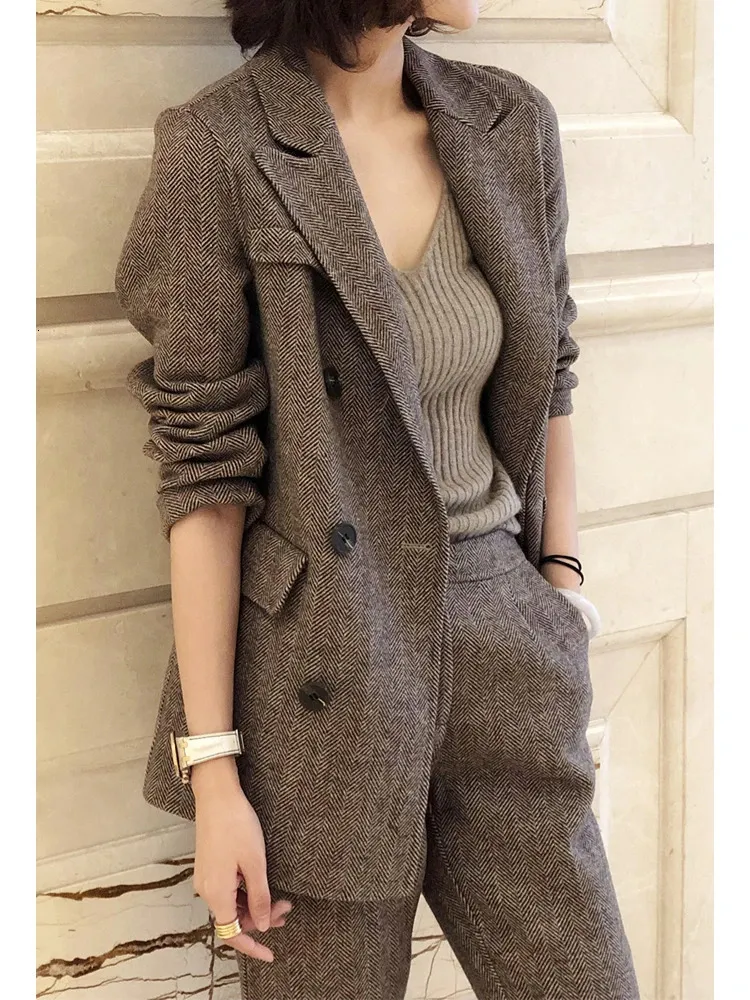 Kvinnors tvådelar Byxa Woolen Blazer och Pantsuits Chic Elegant Korean Fashion Trousers Outfits Autumn Female Suit Jacket 2 Set 231201