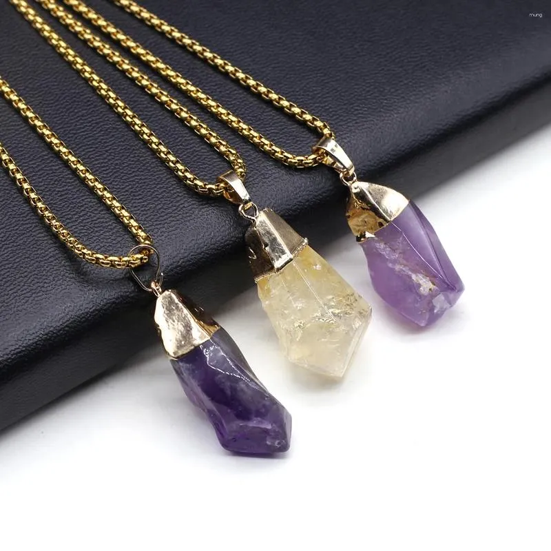 Pendant Necklaces Natural Stone Crystal Irregular Shape Amethyst Yellow Necklace Gold Color Stainless Steel Chain Jewelry