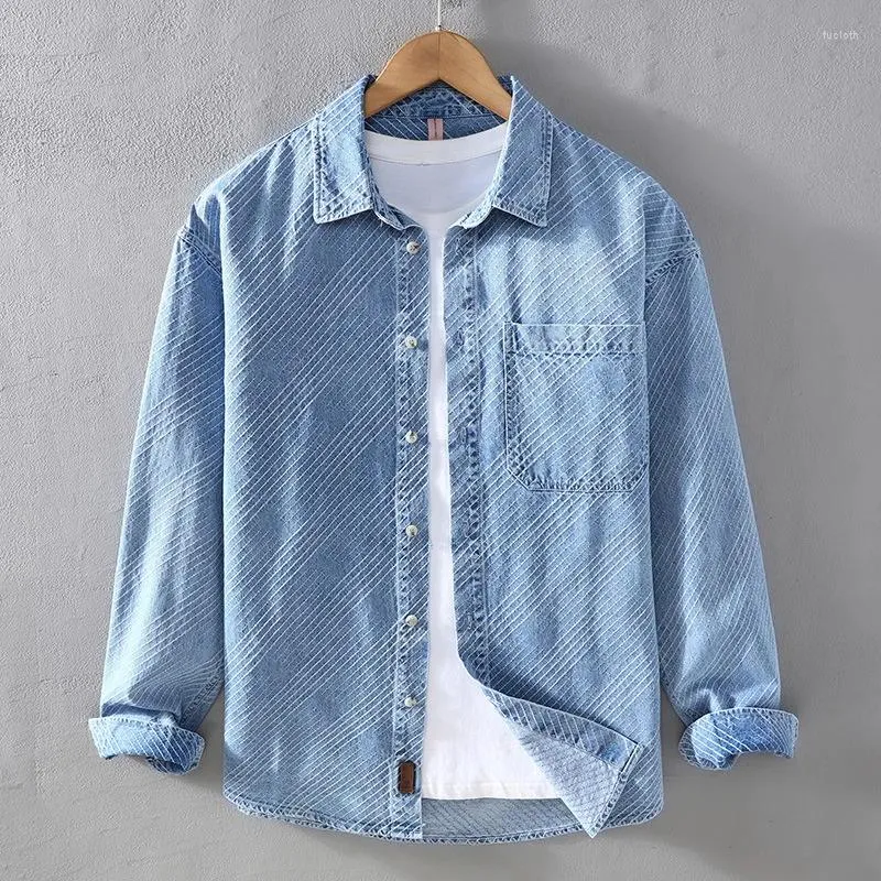 Men's Casual Shirts #7638 Light Blue Striped Denim Shirt Men Long Sleeve Cotton Loose Vintage Jeans Male Turn-down Collar Retro