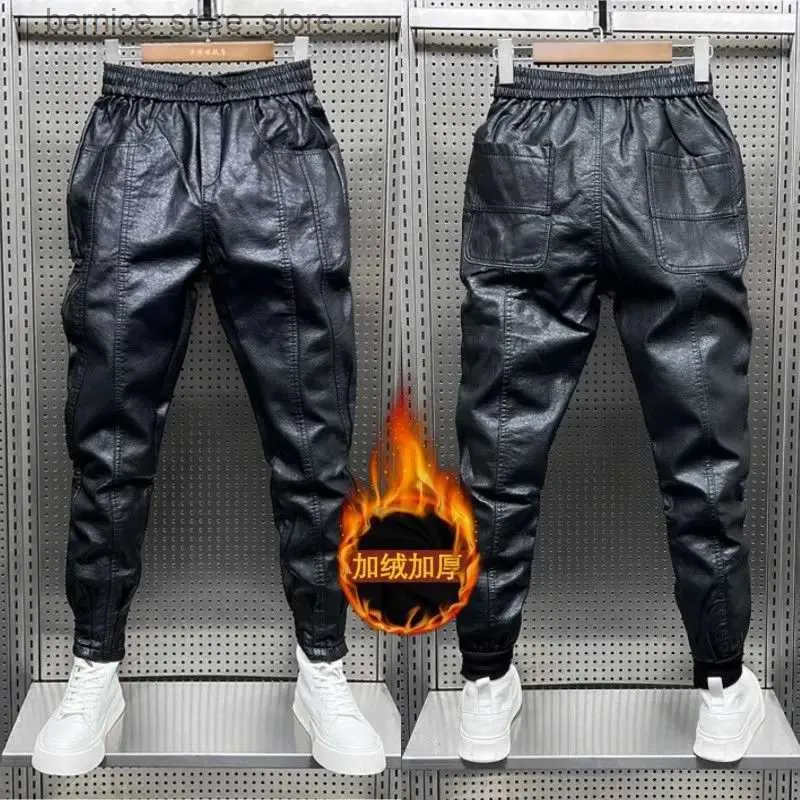 Men's Pants LOOSE Casual Harem Faux Leather Men Autumn Winter Thickened Fleece Windproof Outerwear Trousers Male Motorcycle Leather Pants Q231201