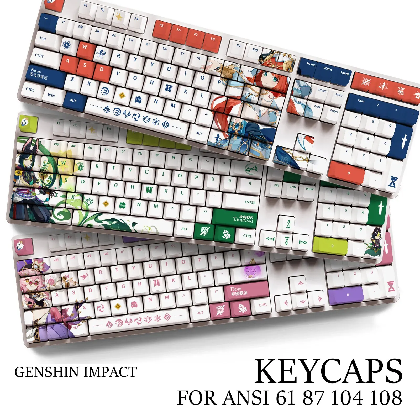 Keyboards Genshin Impact NAHIDA NILOU Pbt Material Keycaps Set for ANSI 61 87 104 108 keys Mechanical Keyboard Oem Profile Only KeyCaps 231130