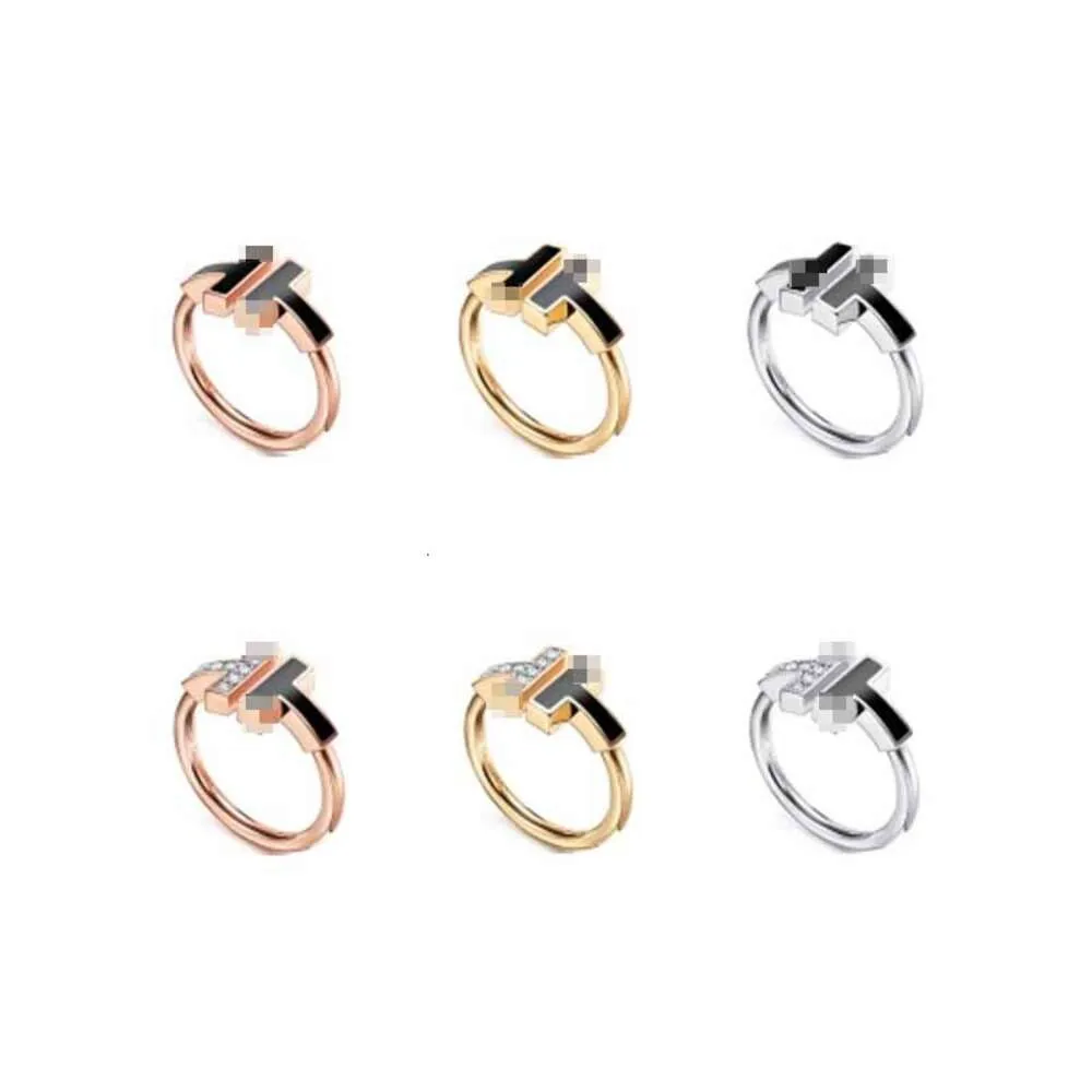 Scatola blu TF Anello tiff di design classico top T Family S Argento sterling Doppia colla a goccia Anello con diamanti smaltati neri per uomo e donna Ti Coppia semplice e versatile