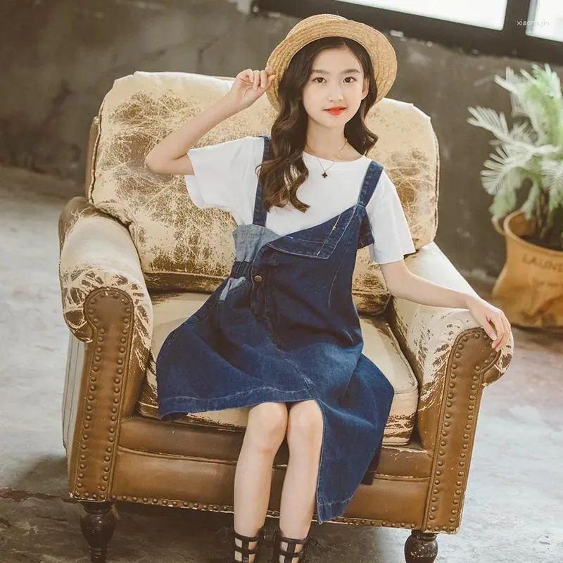 Clothing Sets Girls' Set Summer 2023 Korean Big Kids Fashion Casual Children's Denim Dress 2PK Baby Girl Clothes T-shirt Skirt
