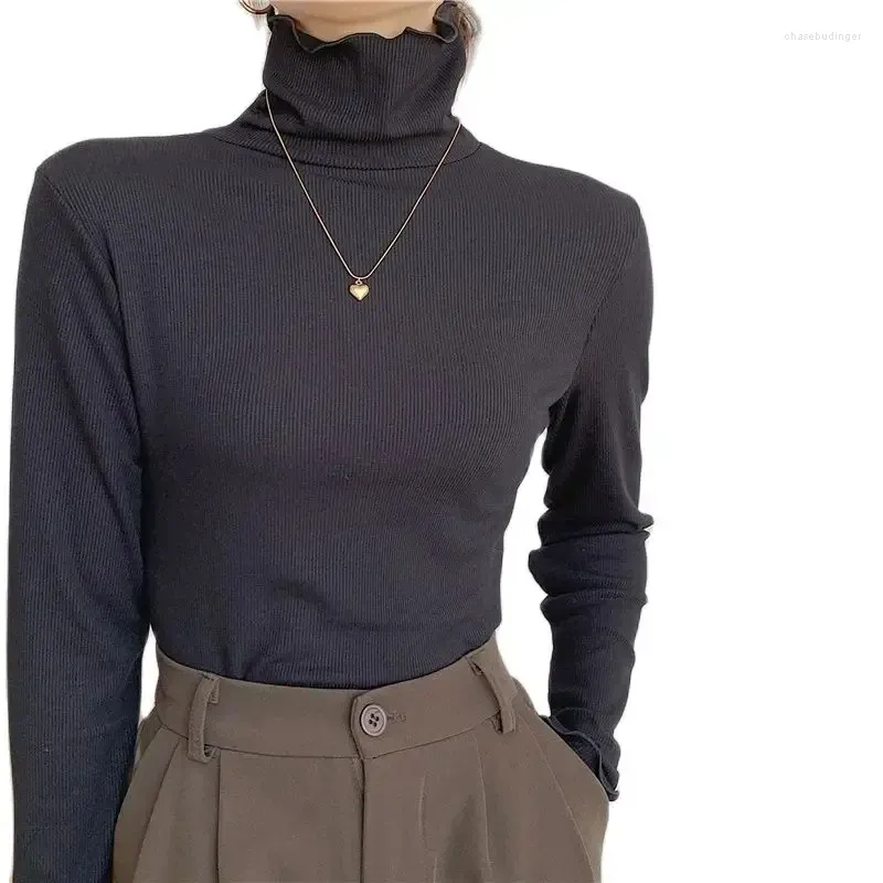 여성용 T 셔츠 패션 소녀를위한 거북이 목 니트 티셔츠 롱 슬리브 겨울 가을 디자인 단색 두꺼운 따뜻한 여성 탑