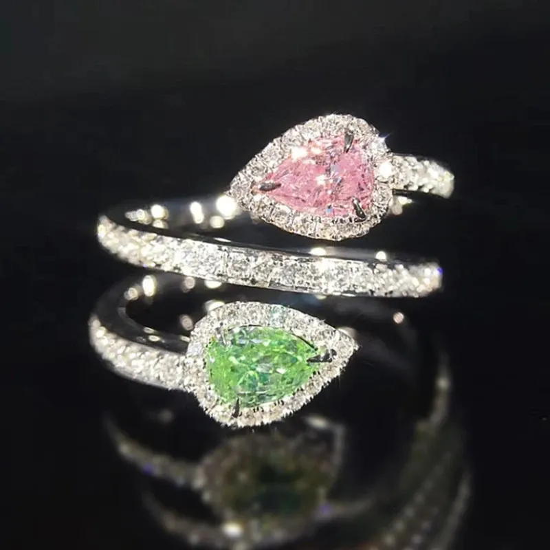 Solitärring Huitan Rosa Grüner Wassertropfen Zirkonia Kreuzringe für Frauen Buntes CZ Temperament Süße Verlobung Hochzeit Trendiger Schmuck 231201