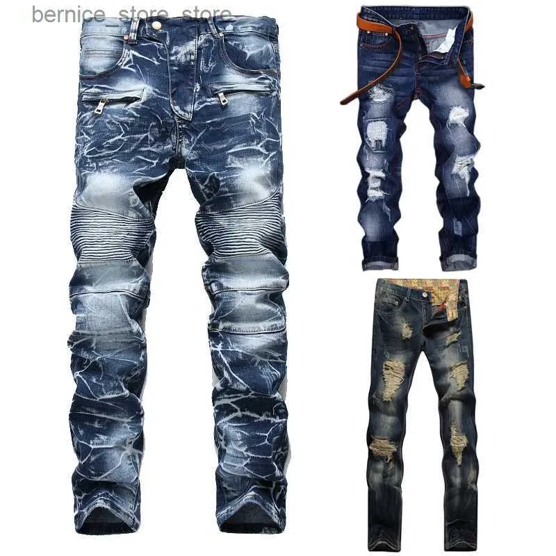 Men's Pants High Quality Men Casual Ripped Jeans Washed Straight Slim Pleated Motorcycle Biker Jeans Pants Male Denim Trousers Plus Size 42 Q231201