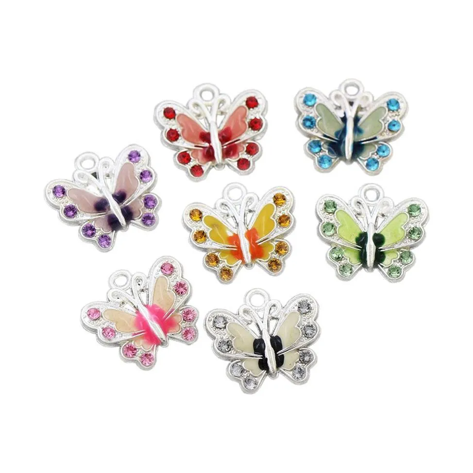 Argent Plaqué Émail Papillon Strass Cristal Charme Perles 7 Couleurs Pendentifs Bijoux Résultats Composants L1559 56 pcs lot263l