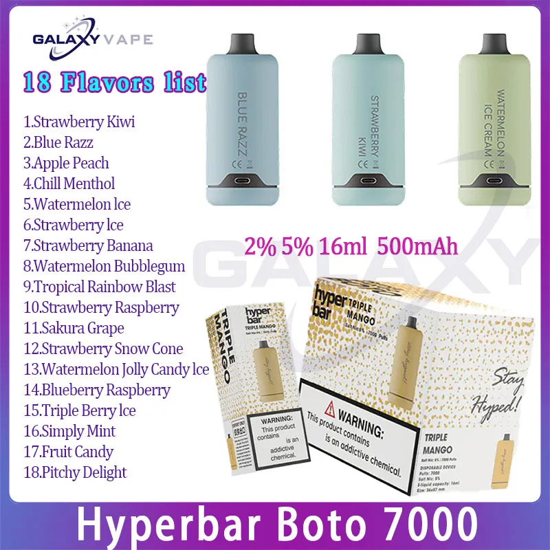 100% Original Hyperbar boto 7000 Puff Disposable Vape pen 18 Flavors 16ml Pre-filled Pod 500mAh Rechargeable Battery Puffs 7 kit vape pen