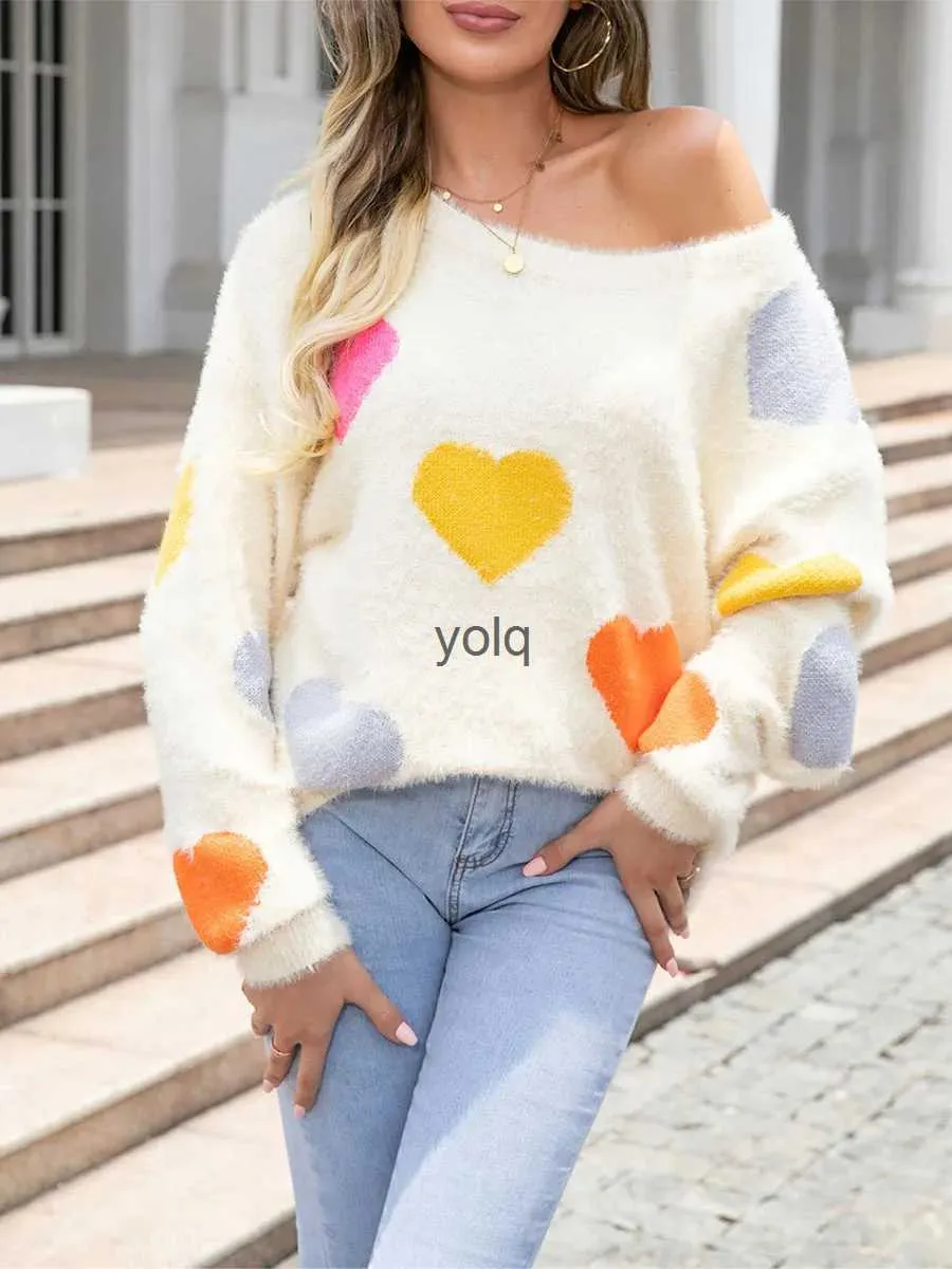 Women's Sweaters Womens Fuzzy Knit Sweater Fall Winter Warm Sweet Heart Print Valentine's Day Pullovers Long Sleeve Round Ne Knitwearyolq