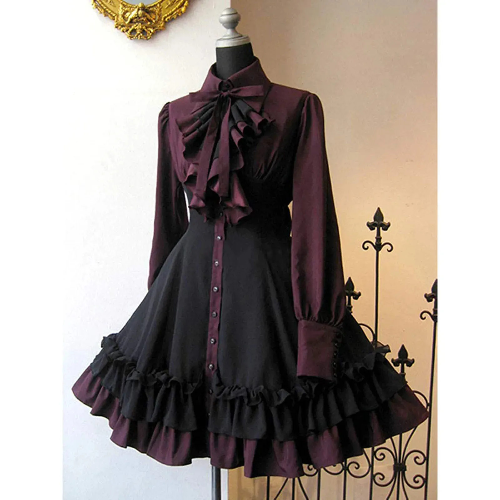 Costume a tema 2023 Autunno elegante Lolita nero gotico abiti da donna di grandi dimensioni colletto con fiocco pieghettato pizzo Goth abito vintage chic Jurken 231201