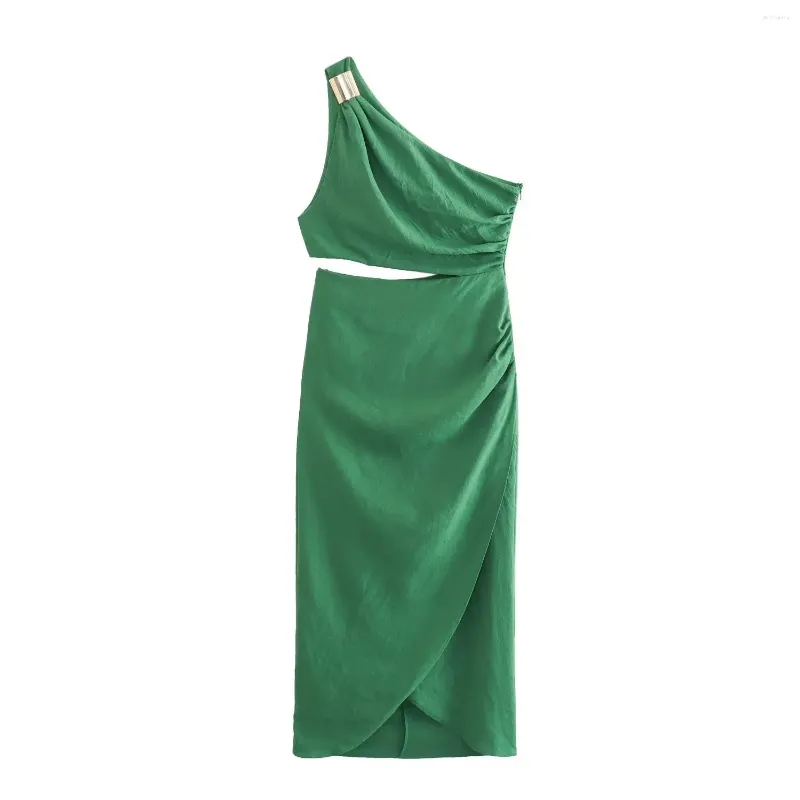 Casual Dresses Women Asymmetric Off Shoulder Green Midi Dress Ruched Cut Out Backless Long 2023 Summer Female Elegant Party Club Vestidos