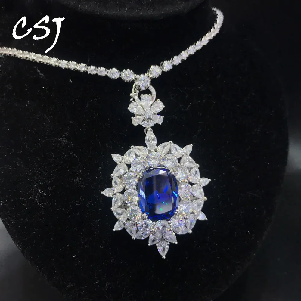 Chokers CSJ Big Stone Luxury Sapphire Necklace Sterling 925 Silver Created Zircon Choker Pendant for Women Party Jewelry Gift 231130