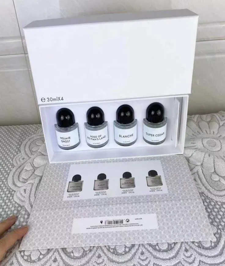 Conjunto de perfume Byredo 30ml * 4pcs Super Cedar Blanche Rose Of No Mans Land Ghost EDP Fragrância Spray Parfum Colônia Caixa de presente7293920