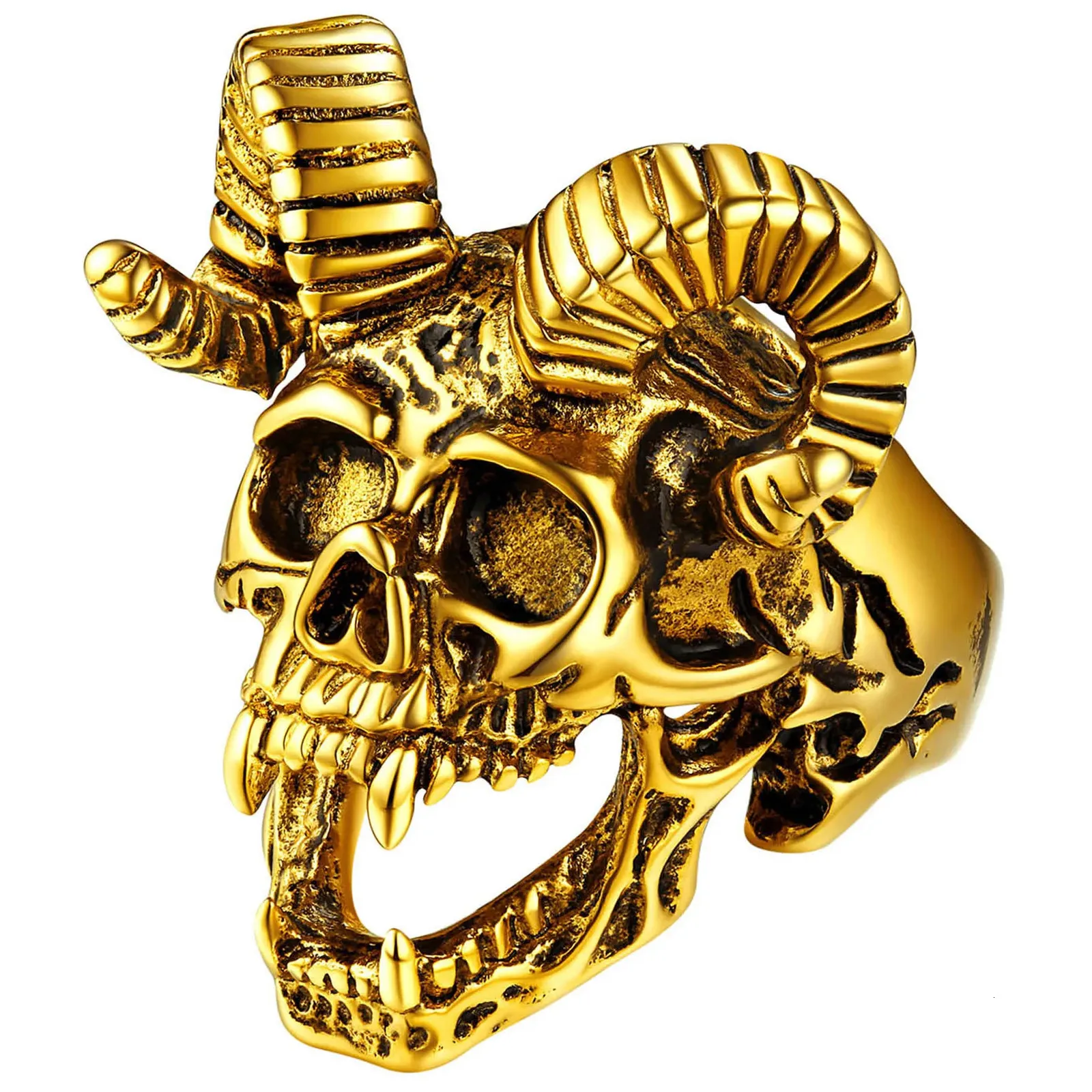Solitaire Ring ChainsPro Punk Stainless Steel Gold Plated Black Plated Satan Baphomet Goat Skull Head Biker Rings for Men Women CP781 231201