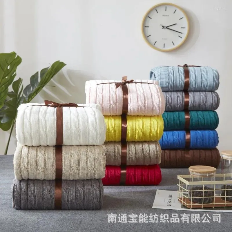 Blankets 150X200cm Nordic Solid Color Cotton Cable Knitted Blanket Winter Thick Thermal Quilt Cover Sofa Throw For