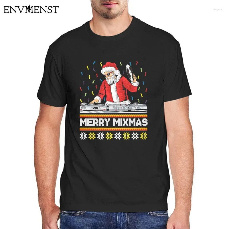 Camisetas para hombre DJ Santa Claus Merry Mixmas Navidad algodón Vintage camisa divertida gráfica ropa de calle de gran tamaño