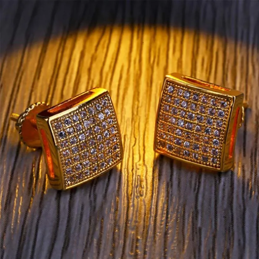 Mens 3D XL Large CZ Micro Pave Bling Bling Earrings Square Curved Screen Block Screw Back Stud Earring Hip hop Jewelry2342