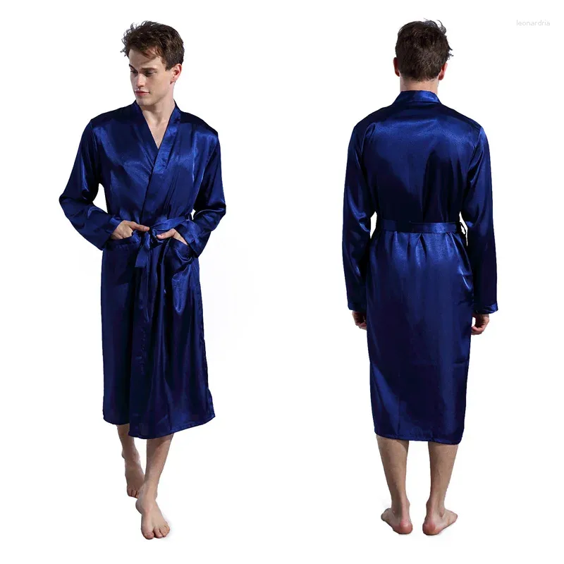 Vêtements de nuit pour hommes Robe de nuit d'été bleu marine satin peignoir kimono manches longues maison robes de chambre mâle soyeux décontracté nuisette