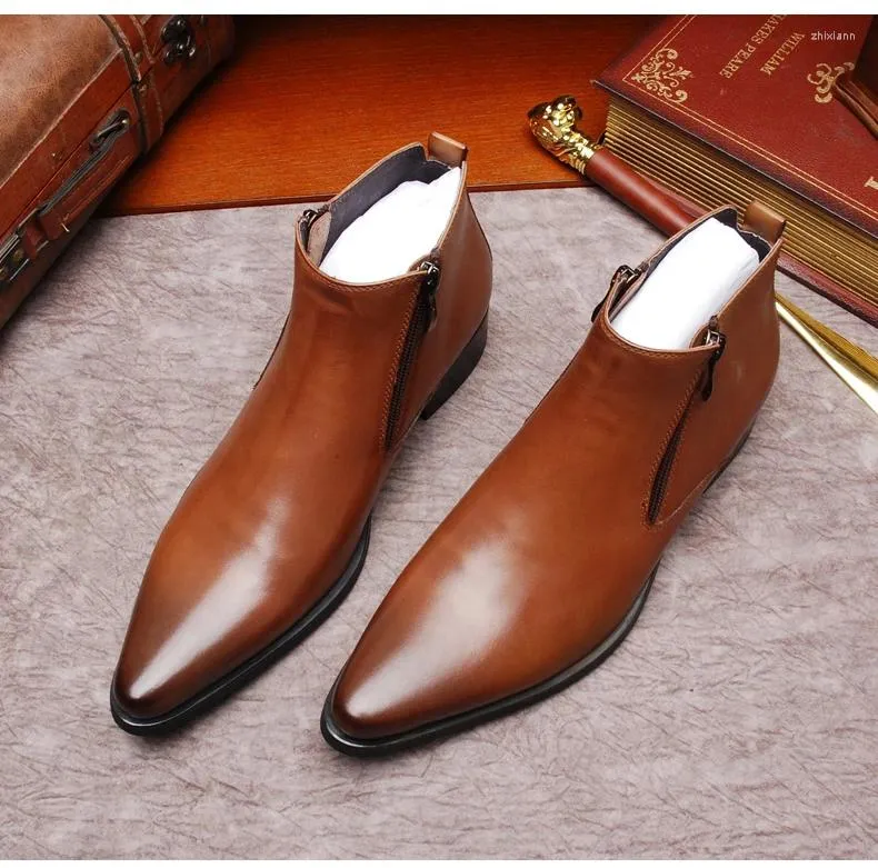 Boots Italian Military Dress Pointed Toe Low Heels Western Styles Brown Double Zip Cowboy Shoes Man Sapatos Social