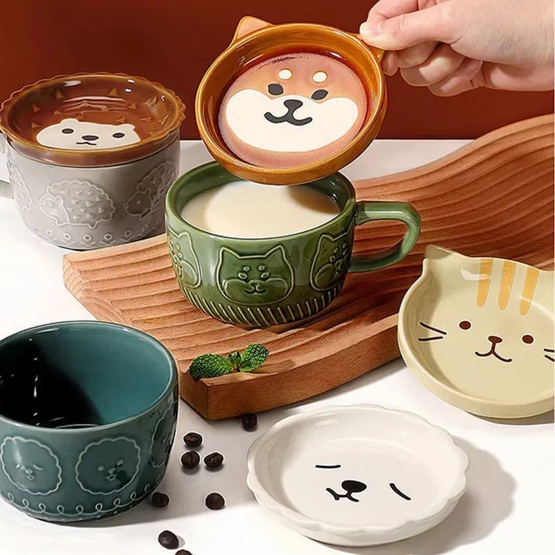 Water Bottles Creative Mug Cute Cartoon Animal Ceramic with Lid Coffee Cup Breakfast Milk Living Room Table Drinking Utensils 231130