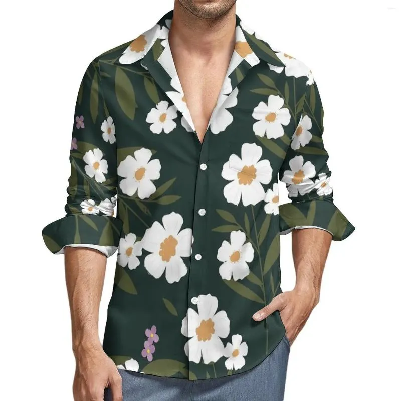 Men's Casual Shirts Ditsy Floral Funny Shirt Men White Flowers Spring Cool Blouses Long Sleeve Graphic Oversized Clothing