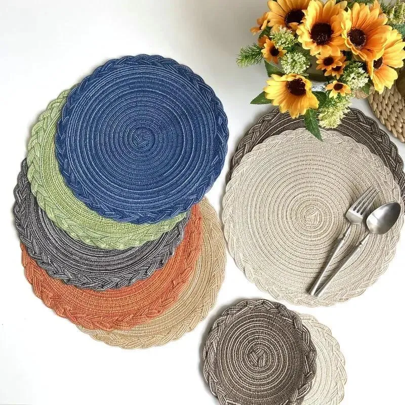 Table Mats Imitated Cotton Placemat Ins Braided Heat Insulation Mat Semi-handmade Round Ramie Linen