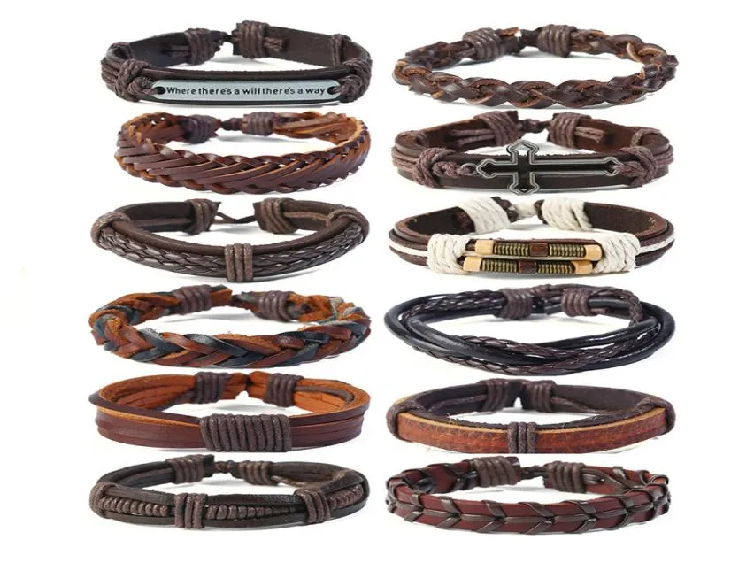 Marca vendendo moda men039s pulseira de couro tecido à mão multicamadas pulseira de couro genuíno 12 peças muito charme pulseiras j4735709