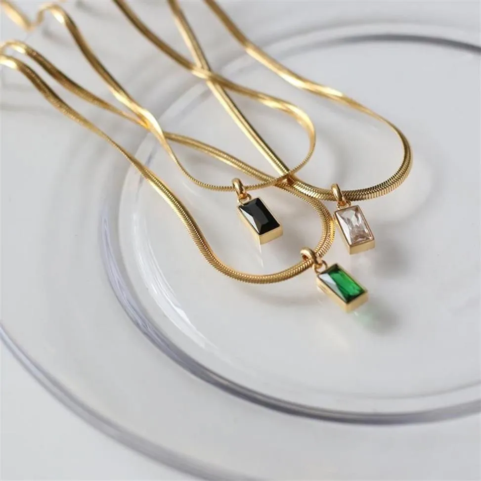 Pendant Necklaces Gold Plated Stainless Steel Snake Chain Square Zircon Emerald Black Bone Choker Necklace For Women Gift Neck Jew282E