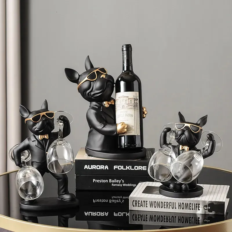 Objets décoratifs Figurines Décoration de la maison Ornements de chien Bouledogue français Porte-verre à vin Support de vin Support Décoration de table Sculpture en résine nordique 231201