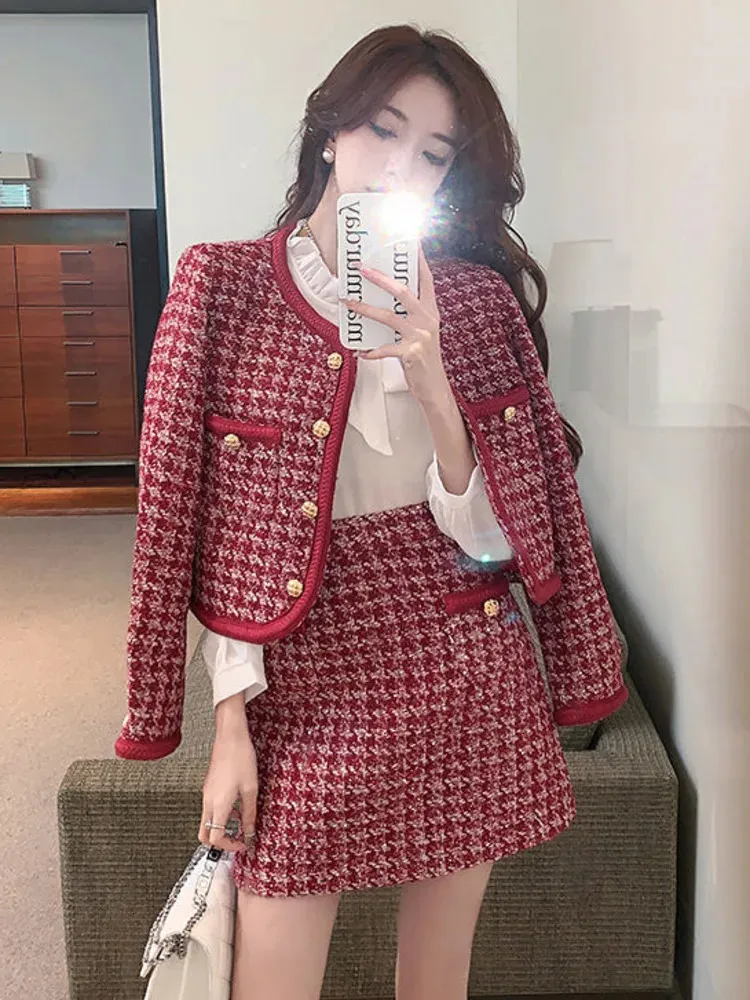 Robe deux pièces de haute qualité petit parfum Tweed 2 ensembles tenues mode veste manteau haut court jupe costumes vintage 231201