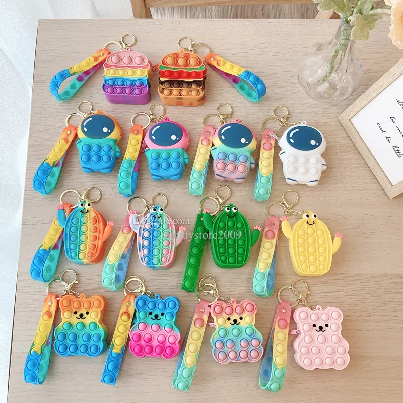 Silicone empurrar bolha saco de moedas chaveiro mini tamanho multifuncional dos desenhos animados spaceman cactus hambúrguer urso coração forma moeda saco ornamentos chaveiros promoção presente