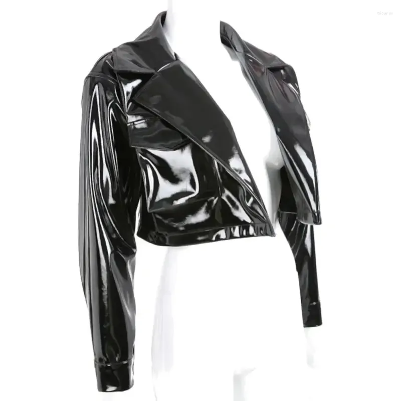 Vestes pour femmes Mode Vinyle PVC Cuir Collier de revers Poche Courte Club Party Lady Wet Look Manteau à manches longues Femmes Streetwear