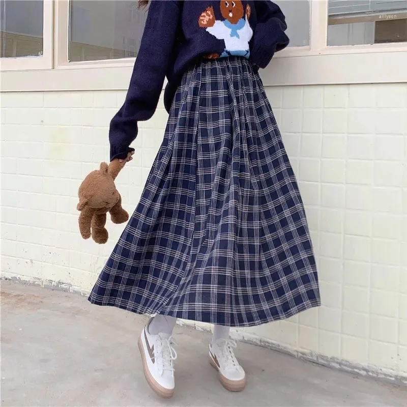 Röcke Japanischen Harajuku Frauen Midi Rock Frühling Herbst Hohe Taille Plaid Weibliche Saias Ulzzang Streetwear Elegante Lange